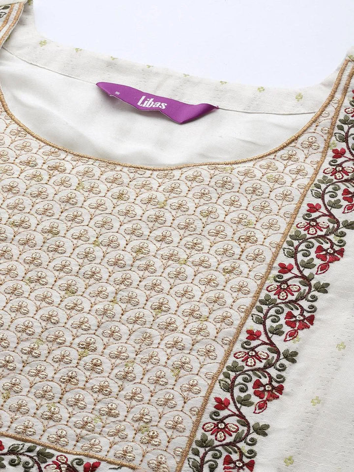 Off White Yoke Design Cotton Straight Suit Set With Trousers - Libas