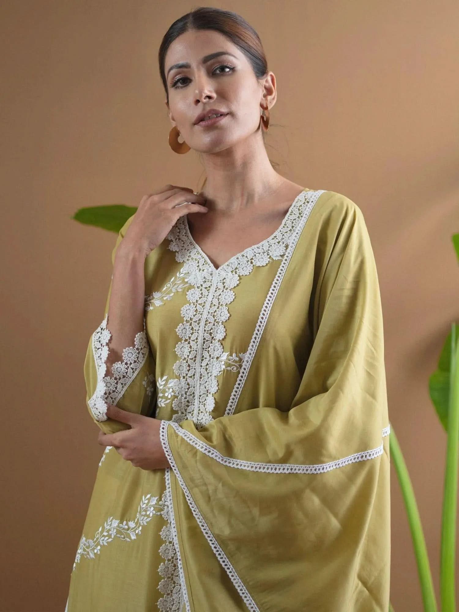 Olive Embroidered Cotton Straight Kurta With Palazzos & Dupatta
Olive Embroidered Cotton Straight Kurta With Palazzos & Dupatta