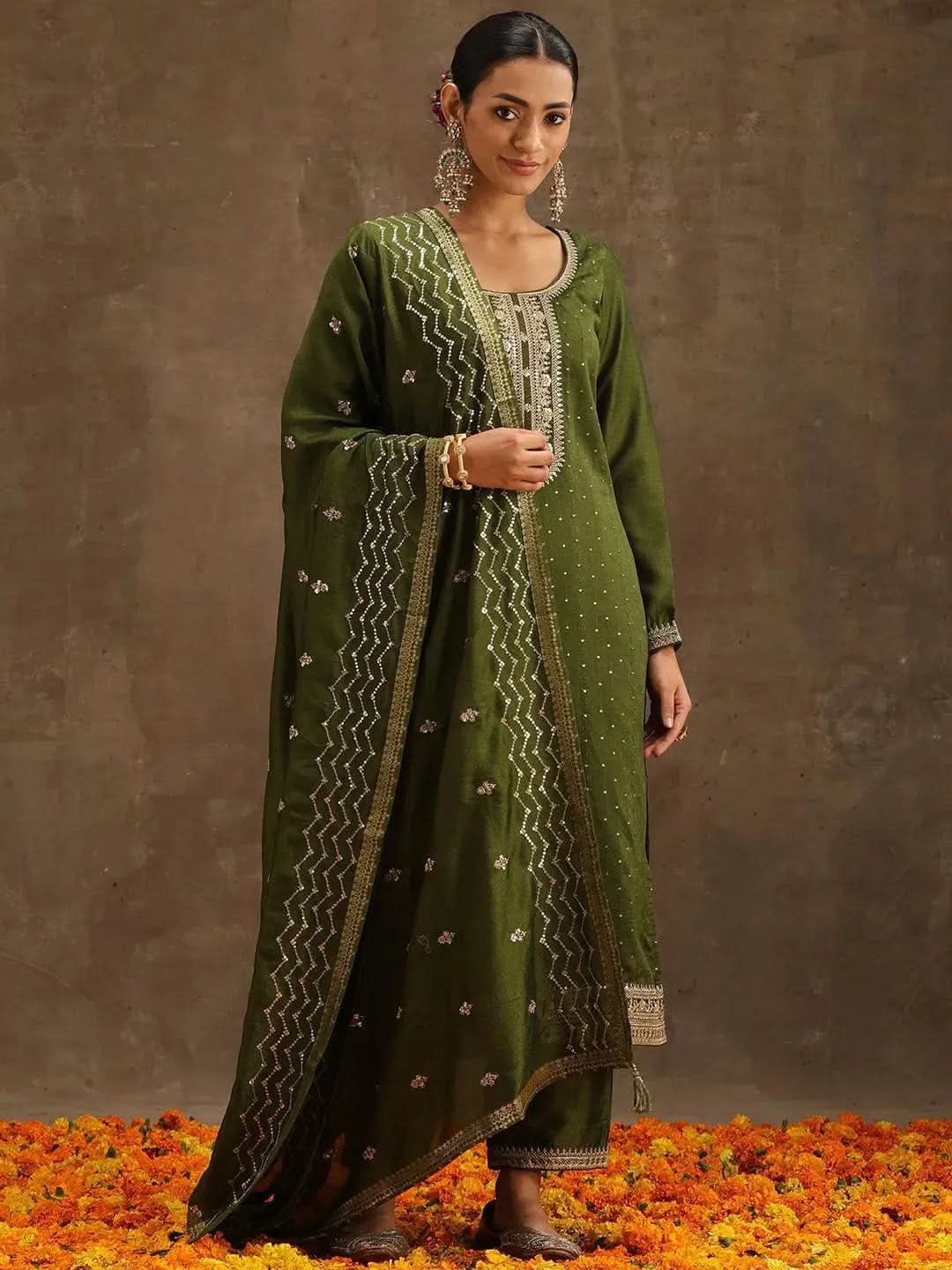 Olive Embroidered Silk Blend Suit Set With Trousers - Libas