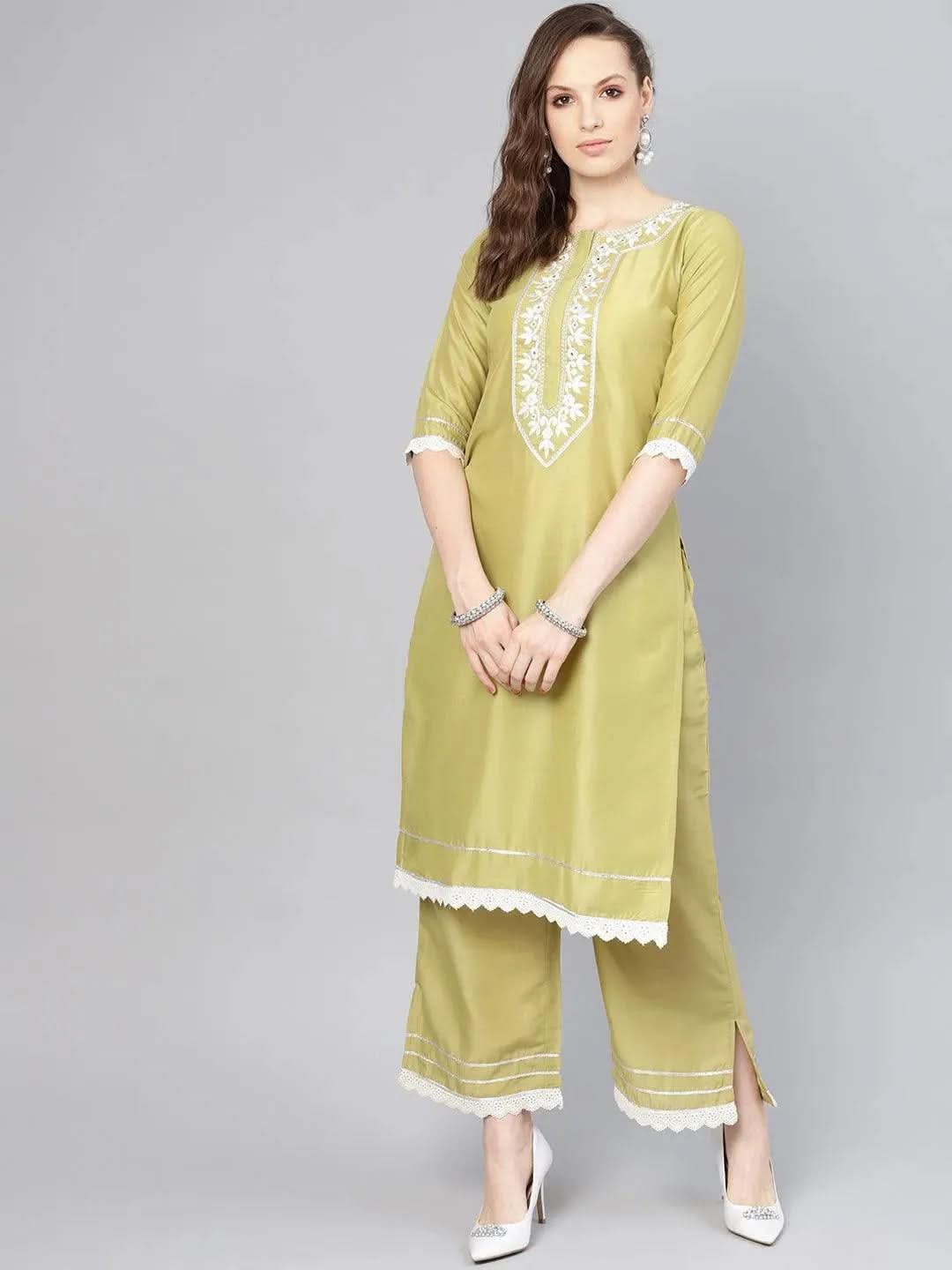 Olive Embroidered Silk Kurta Set - Libas