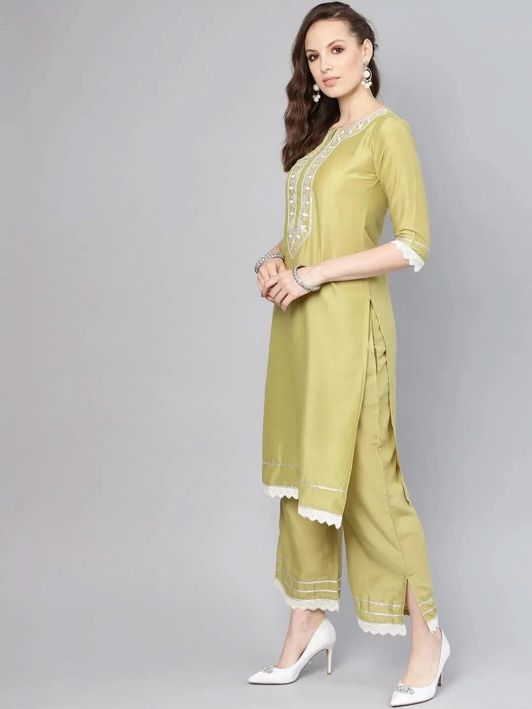 Olive Embroidered Silk Kurta Set - Libas