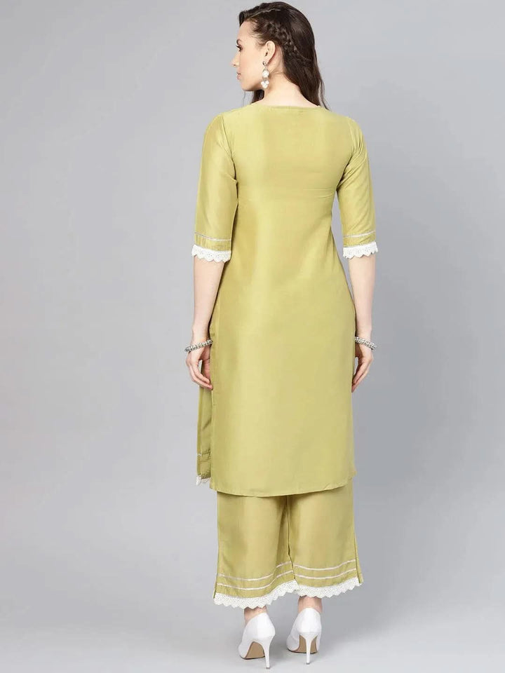 Olive Embroidered Silk Kurta Set - Libas