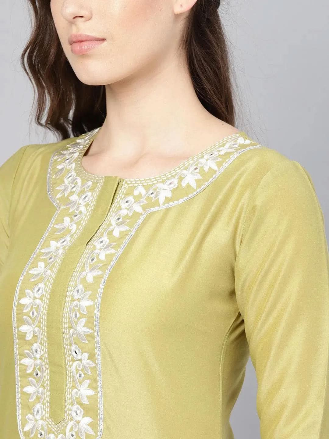 Olive Embroidered Silk Straight Kurta With Palazzos 
Olive Embroidered Silk Straight Kurta With Palazzos
