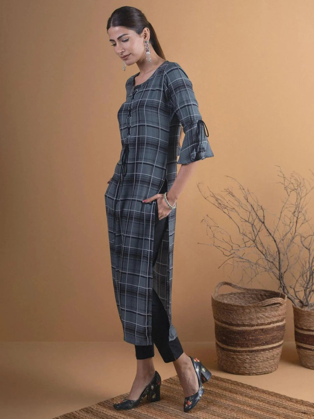Olive Green Checkered Rayon Kurta - Libas