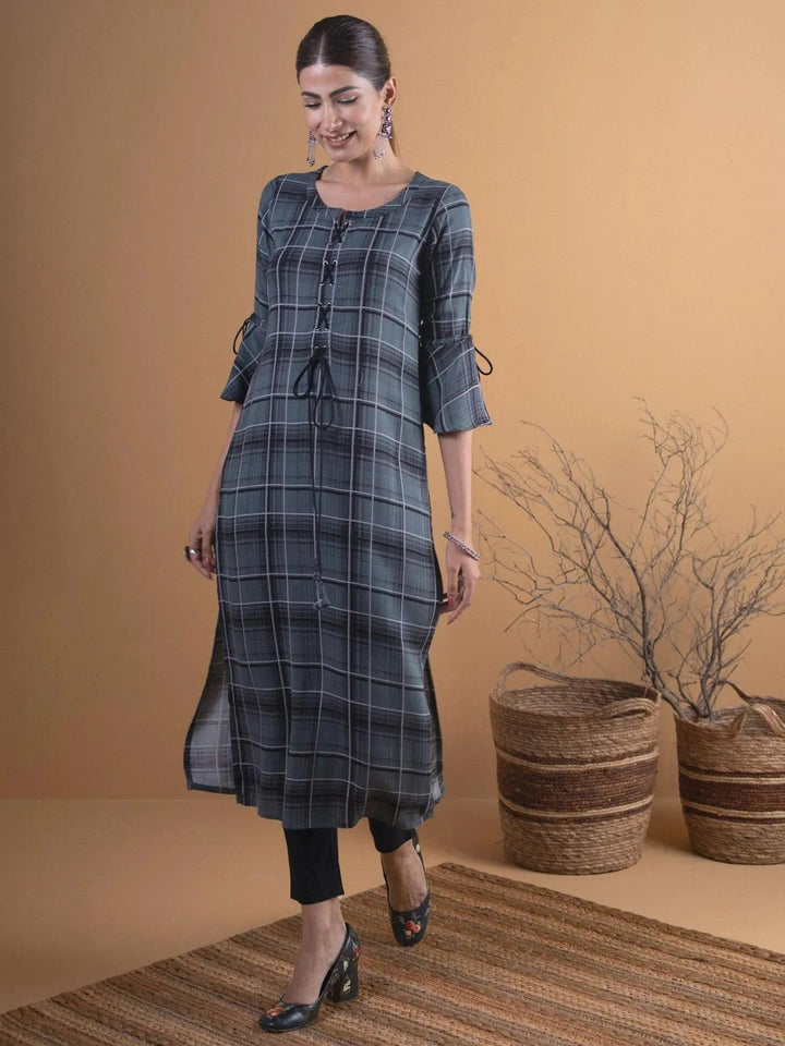 Olive Green Checkered Rayon Kurta - Libas