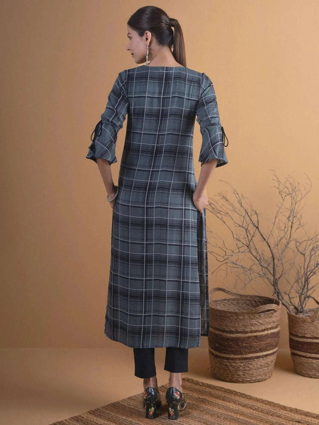 Olive Green Checkered Rayon Kurta - Libas
