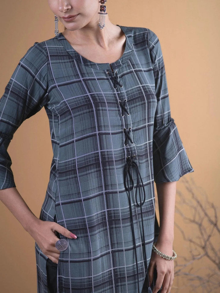 Olive Green Checkered Rayon Kurta - Libas