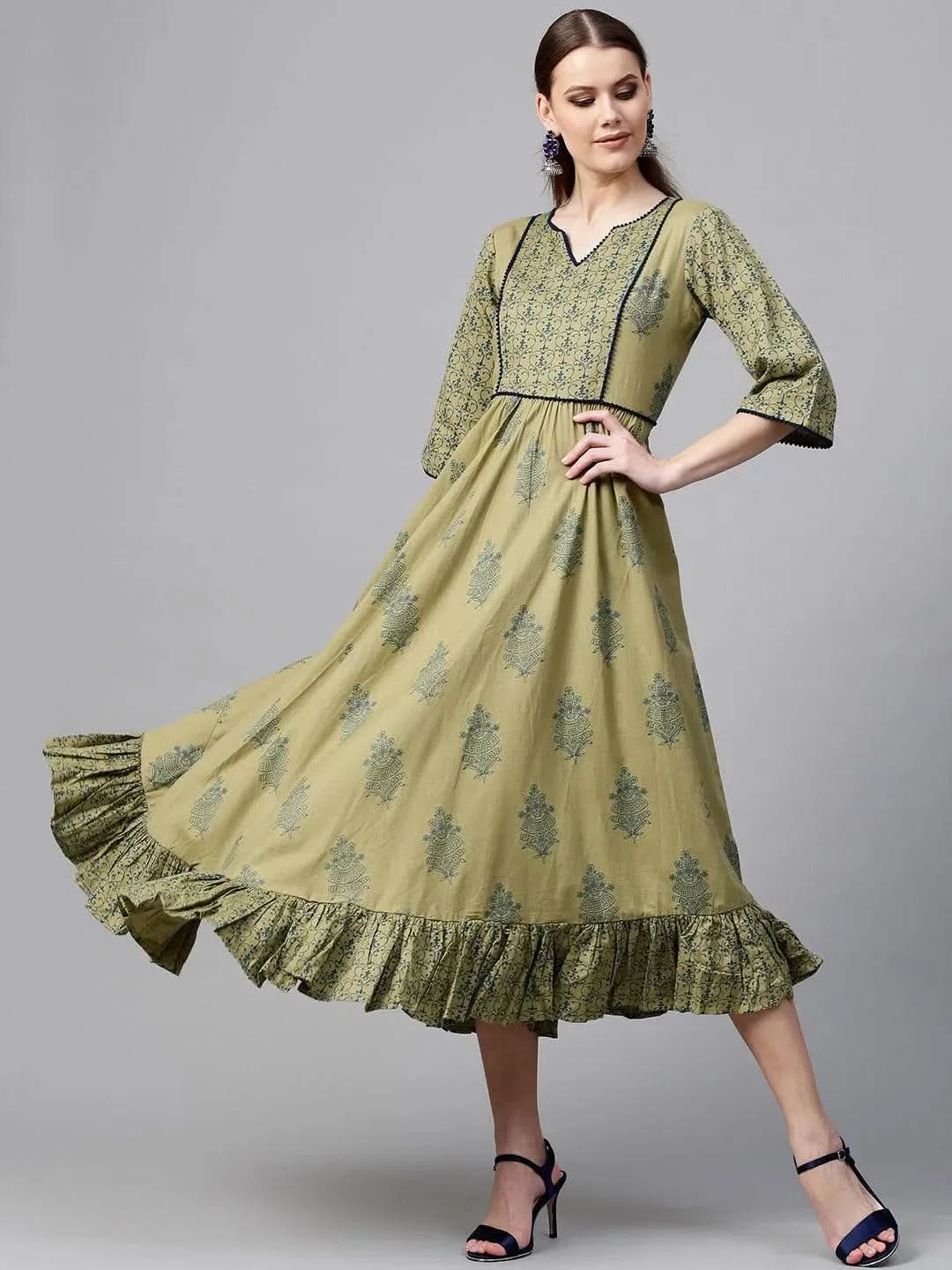 Olive Green Printed Cotton Dress - Libas