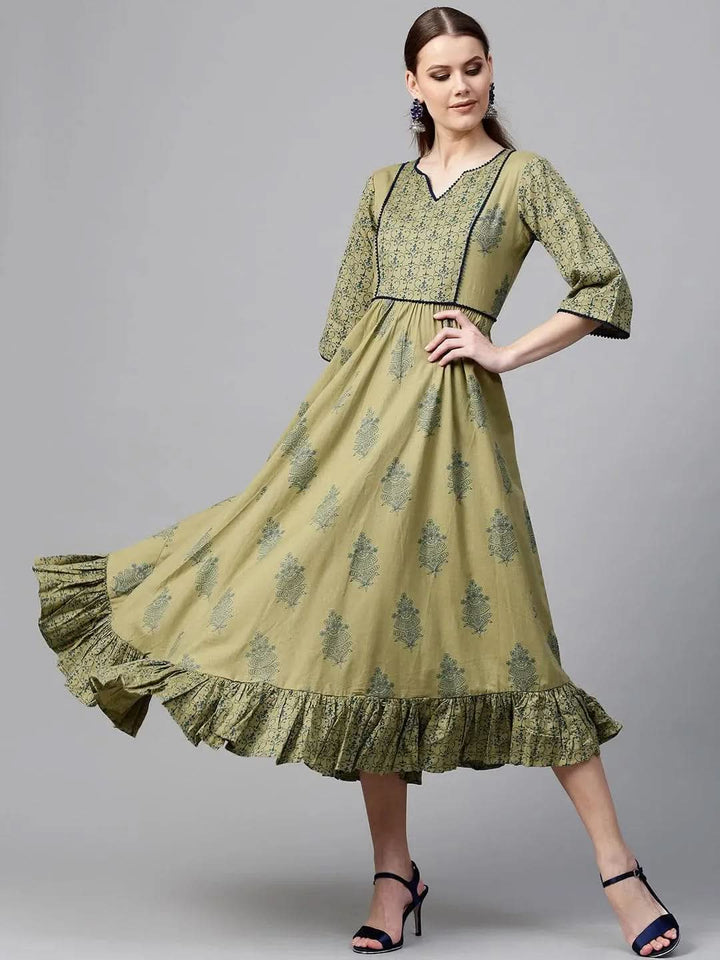 Olive Green Printed Cotton Dress - Libas