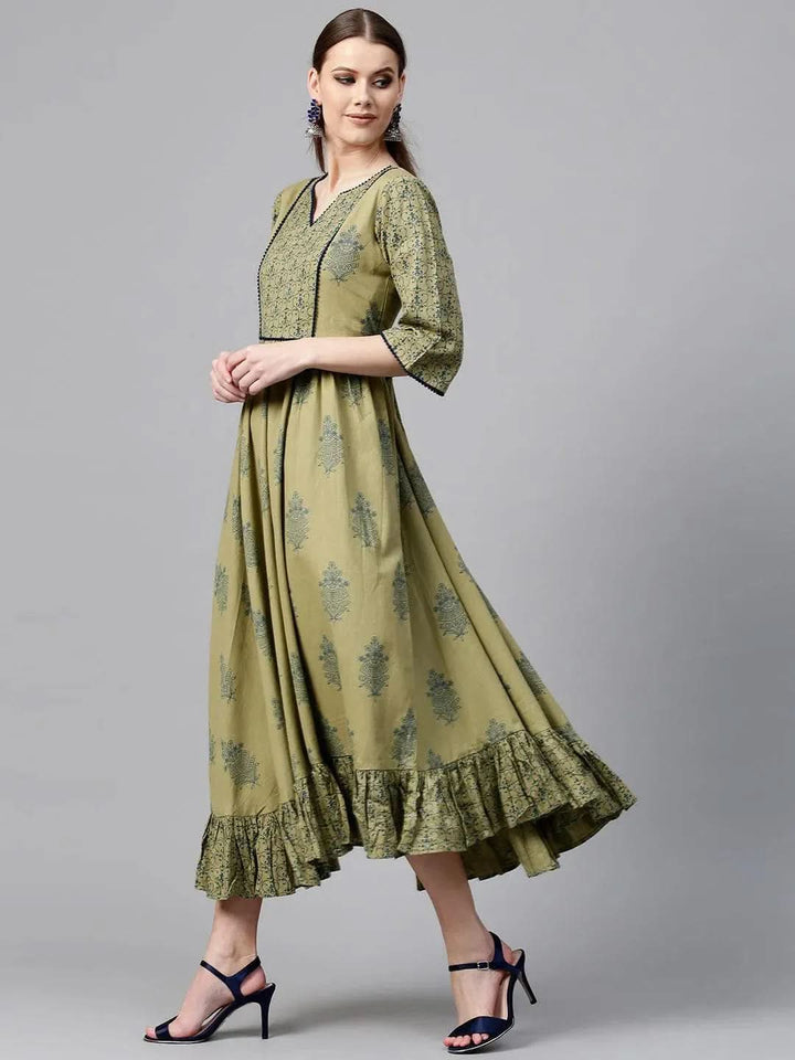 Olive Green Printed Cotton Dress - Libas