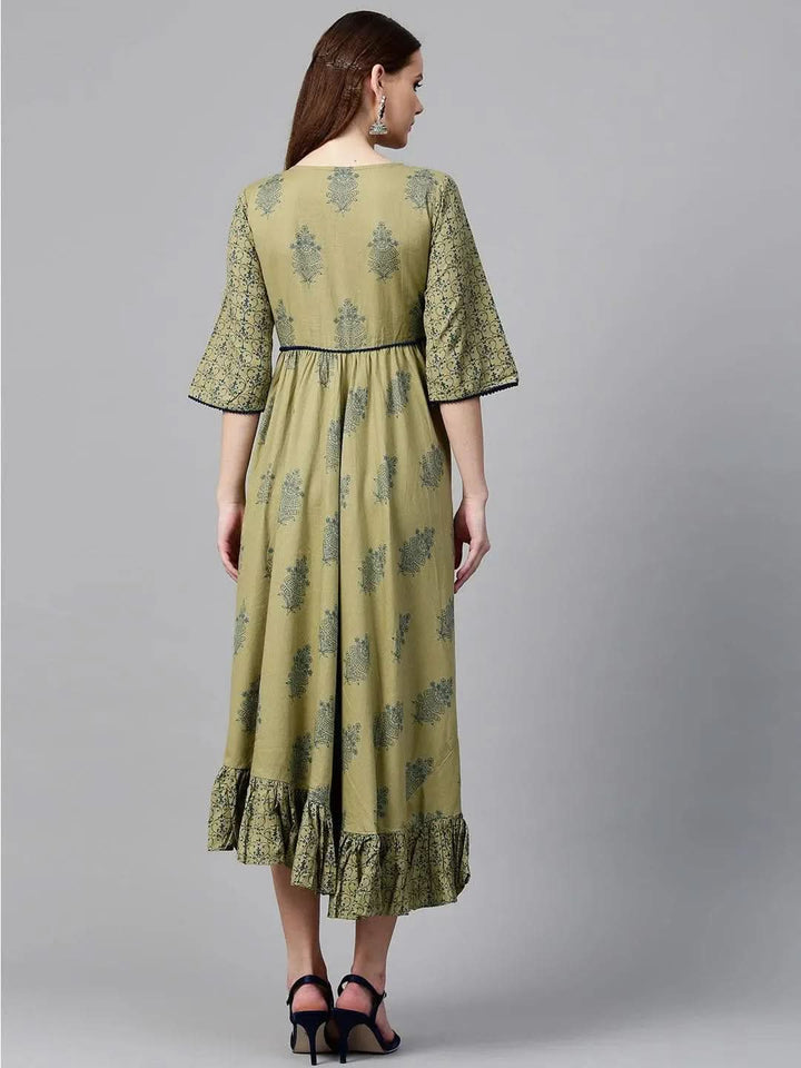 Olive Green Printed Cotton Dress - Libas
