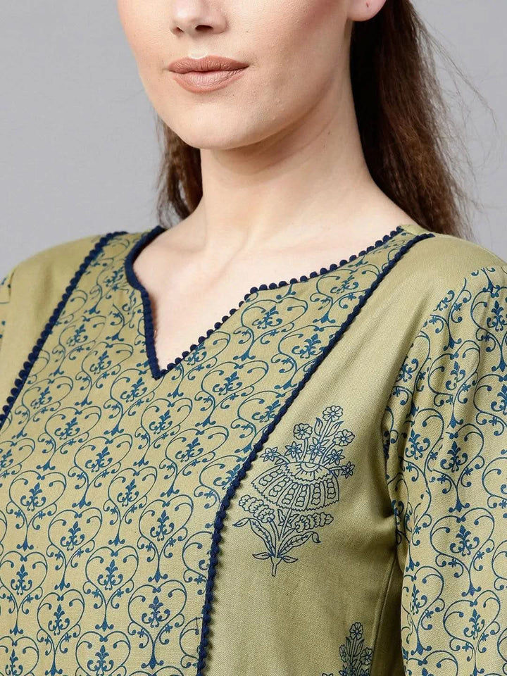 Olive Green Printed Cotton Dress - Libas