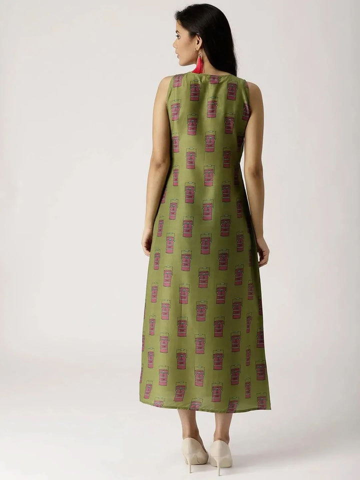 Olive Green Printed Silk Dress - Libas