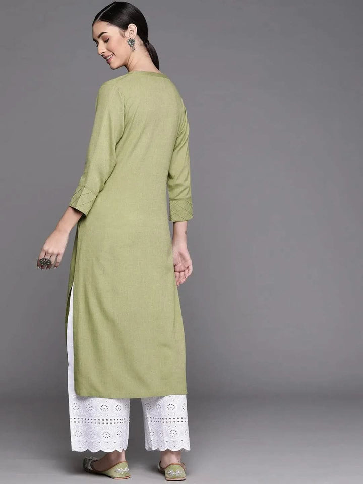 Olive Green Solid Cotton Kurta - Libas