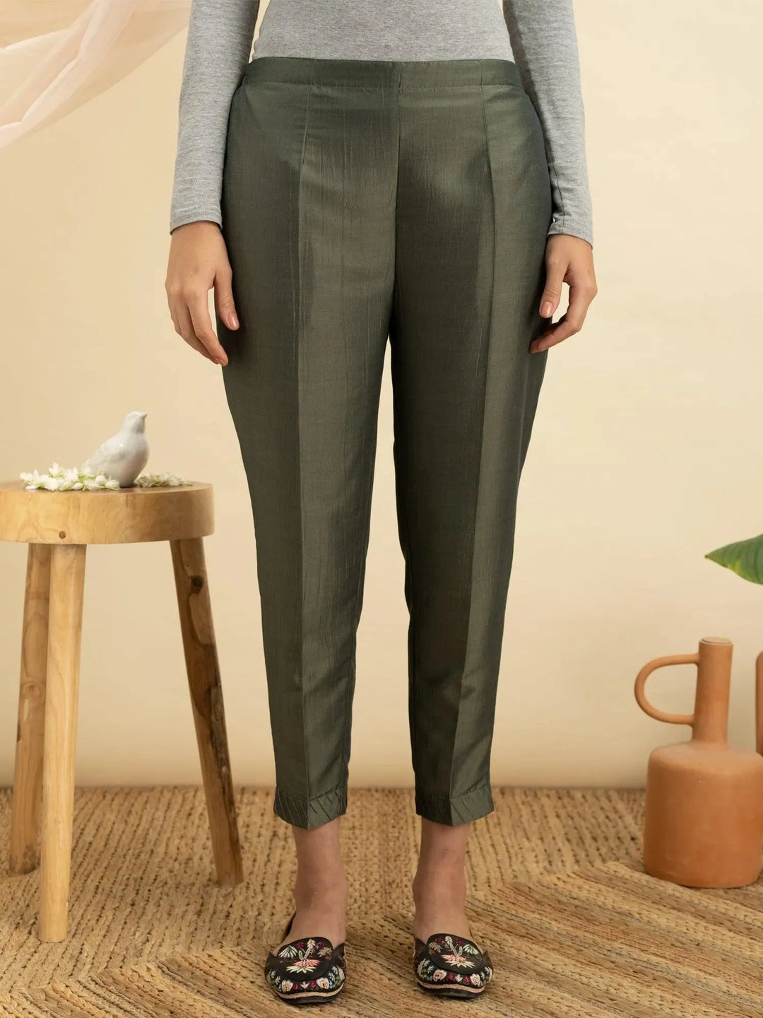 Olive Green Solid Silk Trousers - Libas