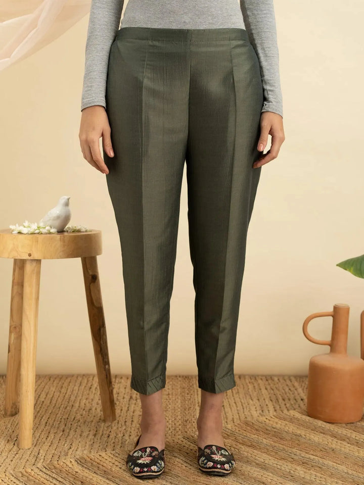 Olive Green Solid Silk Trousers - Libas