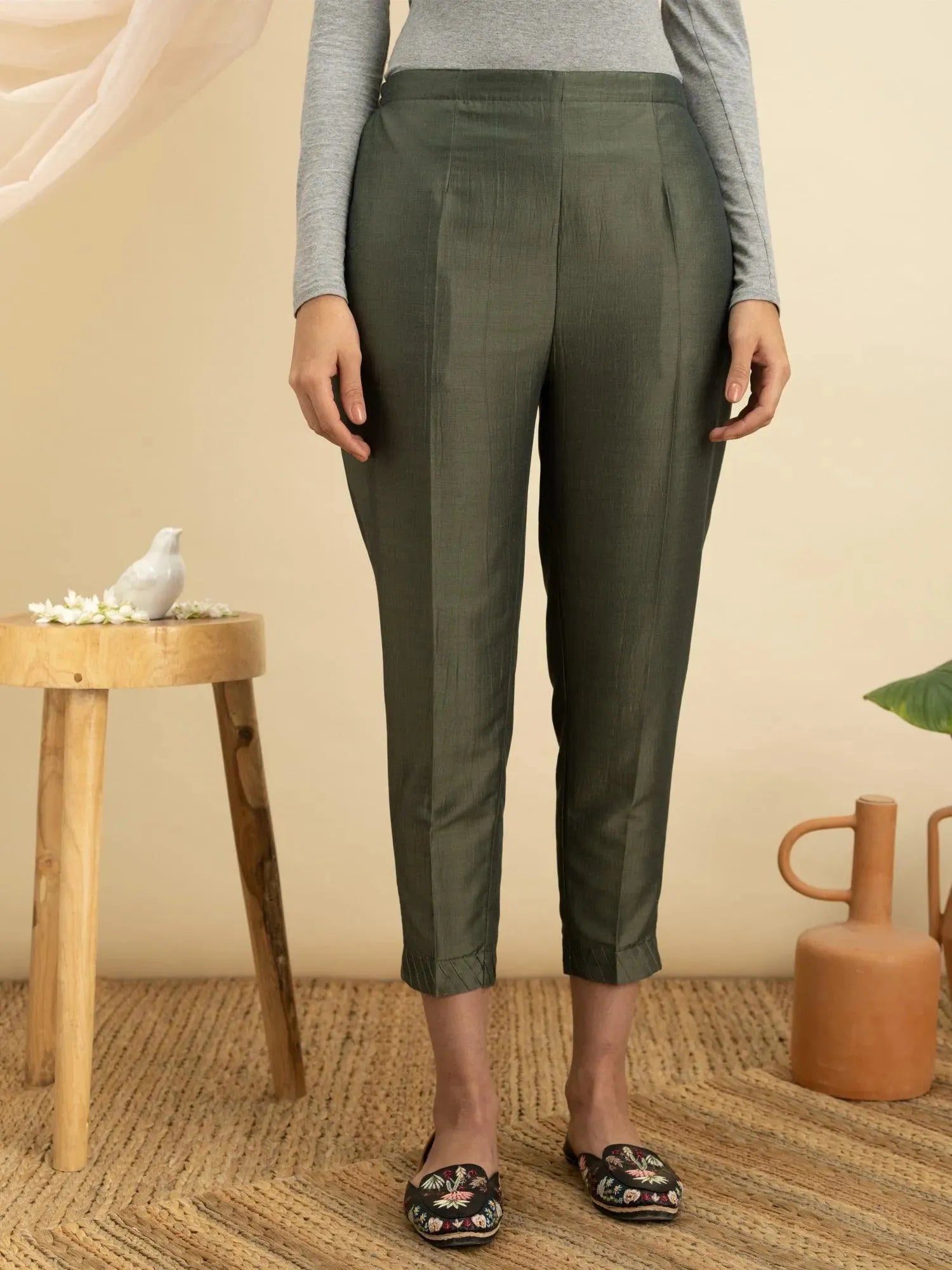 Buy Olive Green Solid Silk Trousers - PL823O- | Libas Ethnic Wear Online 
Buy Olive Green Solid Silk Trousers - PL823O- | Libas Ethnic Wear Online