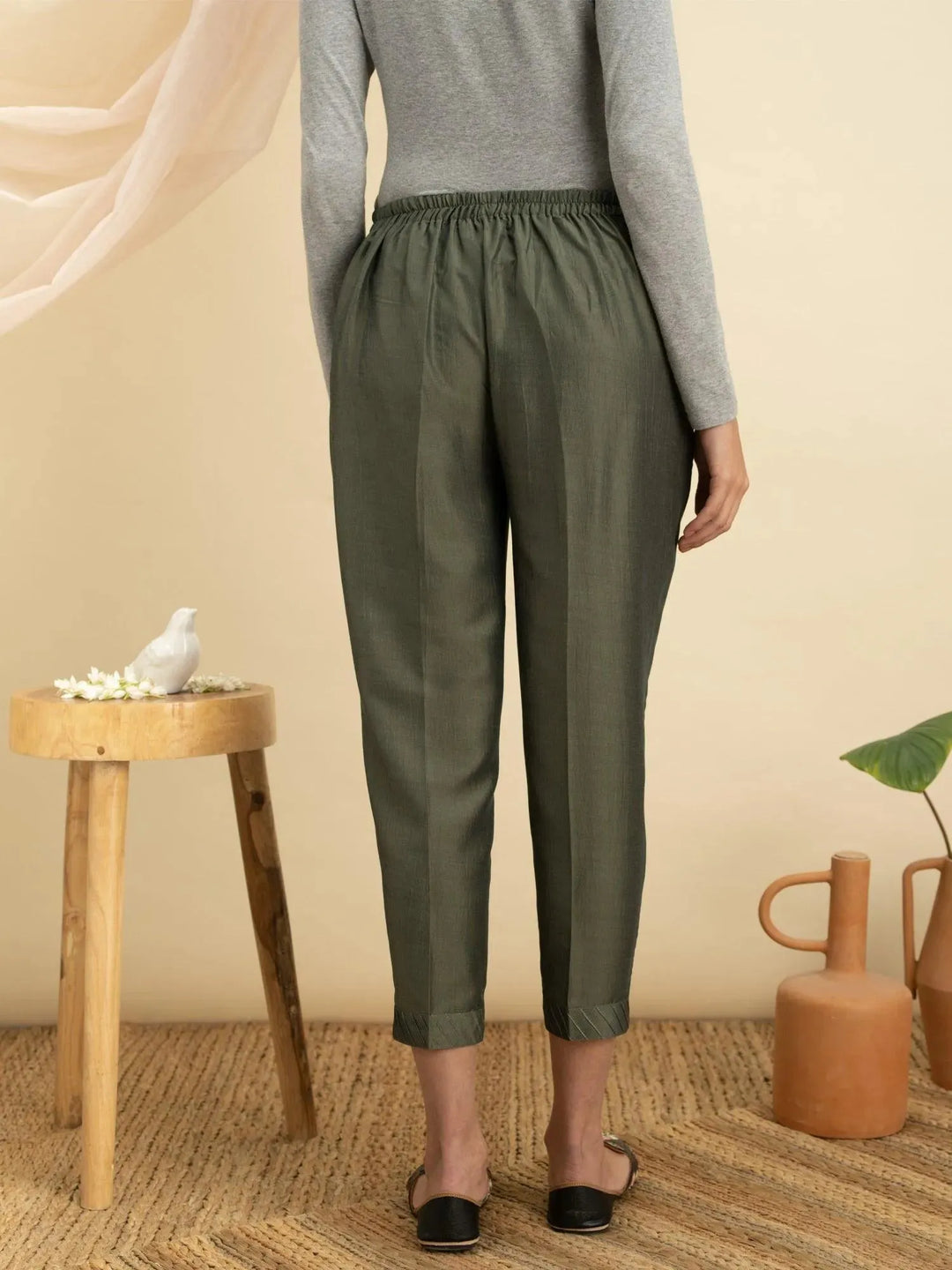 Olive Green Solid Silk Trousers - Libas