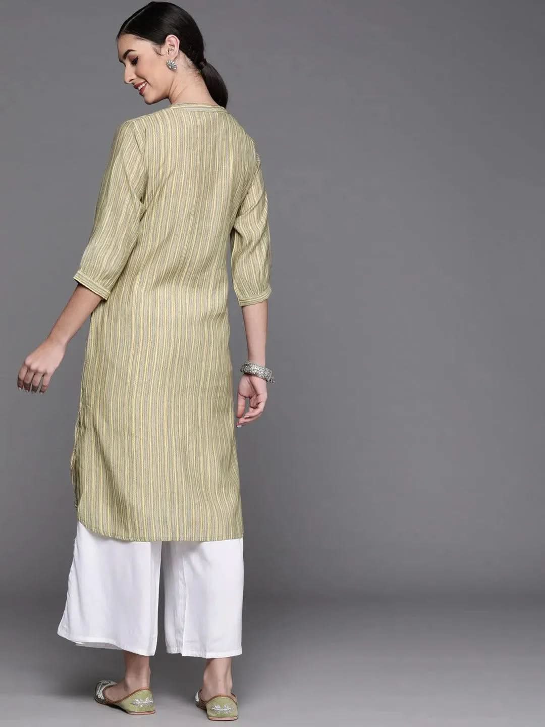 Olive Printed Chanderi Silk Kurta - Libas