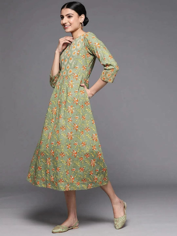 Olive Printed Cotton Dress - Libas