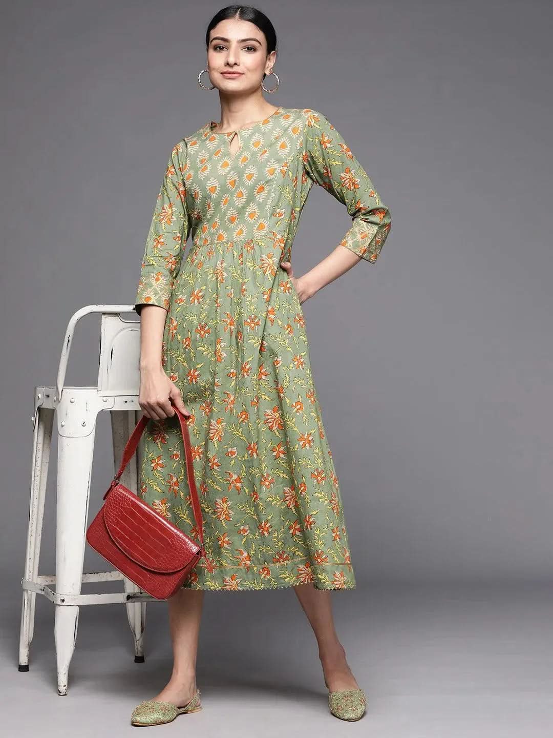 Olive Printed Cotton Dress - Libas