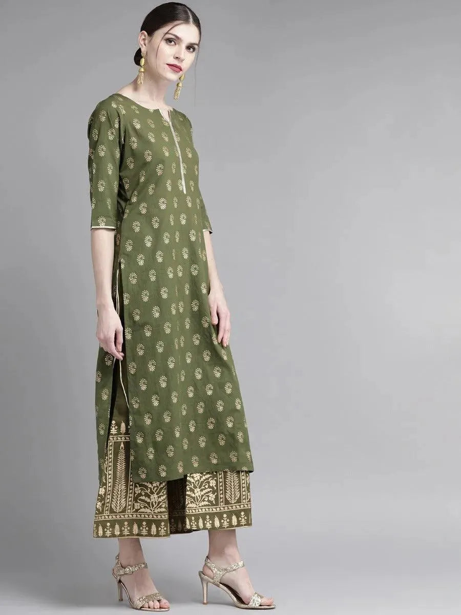 Olive Printed Cotton Straight Kurta With Palazzos
Olive Printed Cotton Straight Kurta With Palazzos