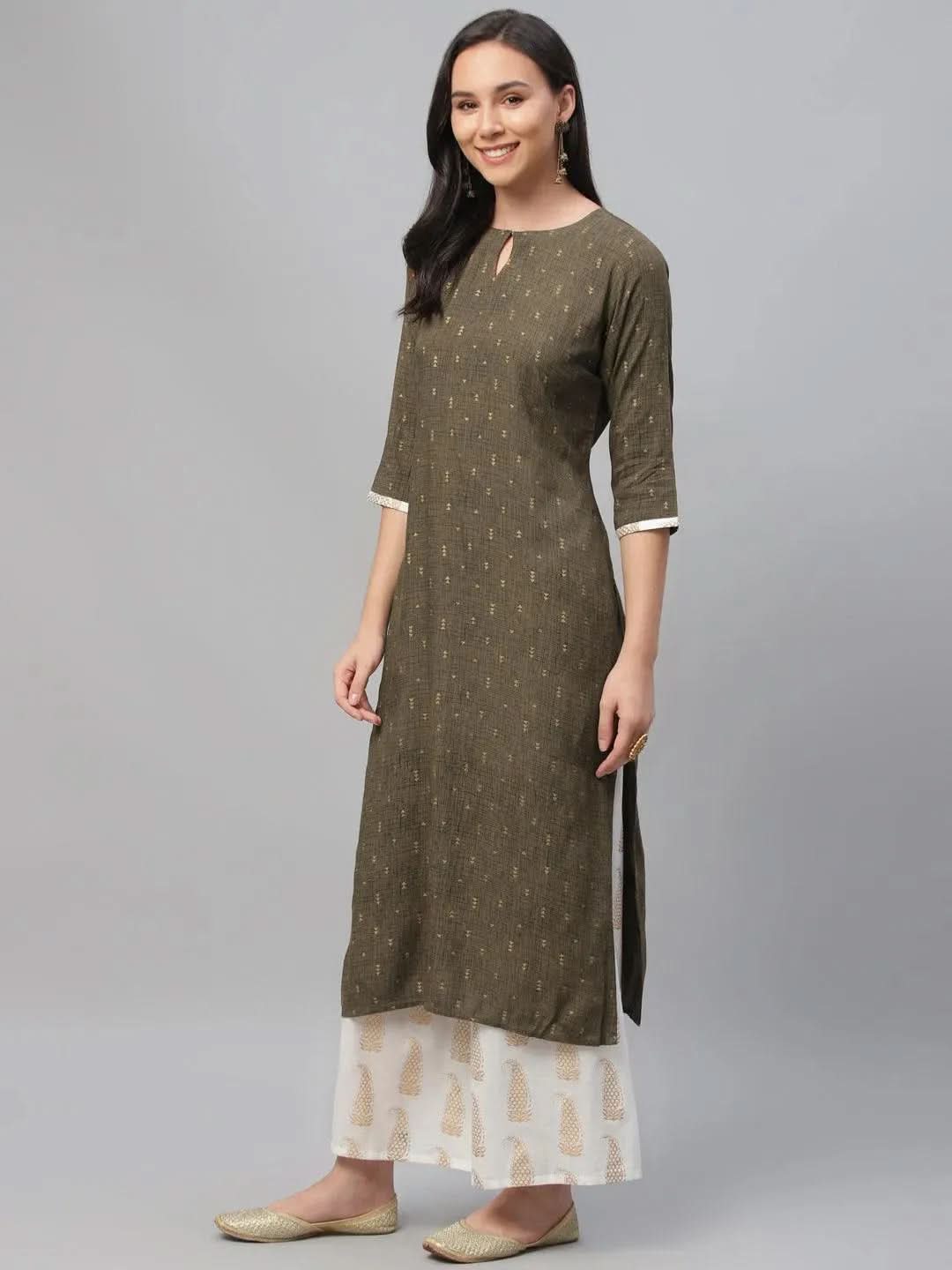 Olive Printed Rayon Straight Kurta With Palazzos & Dupatta
Olive Printed Rayon Straight Kurta With Palazzos & Dupatta