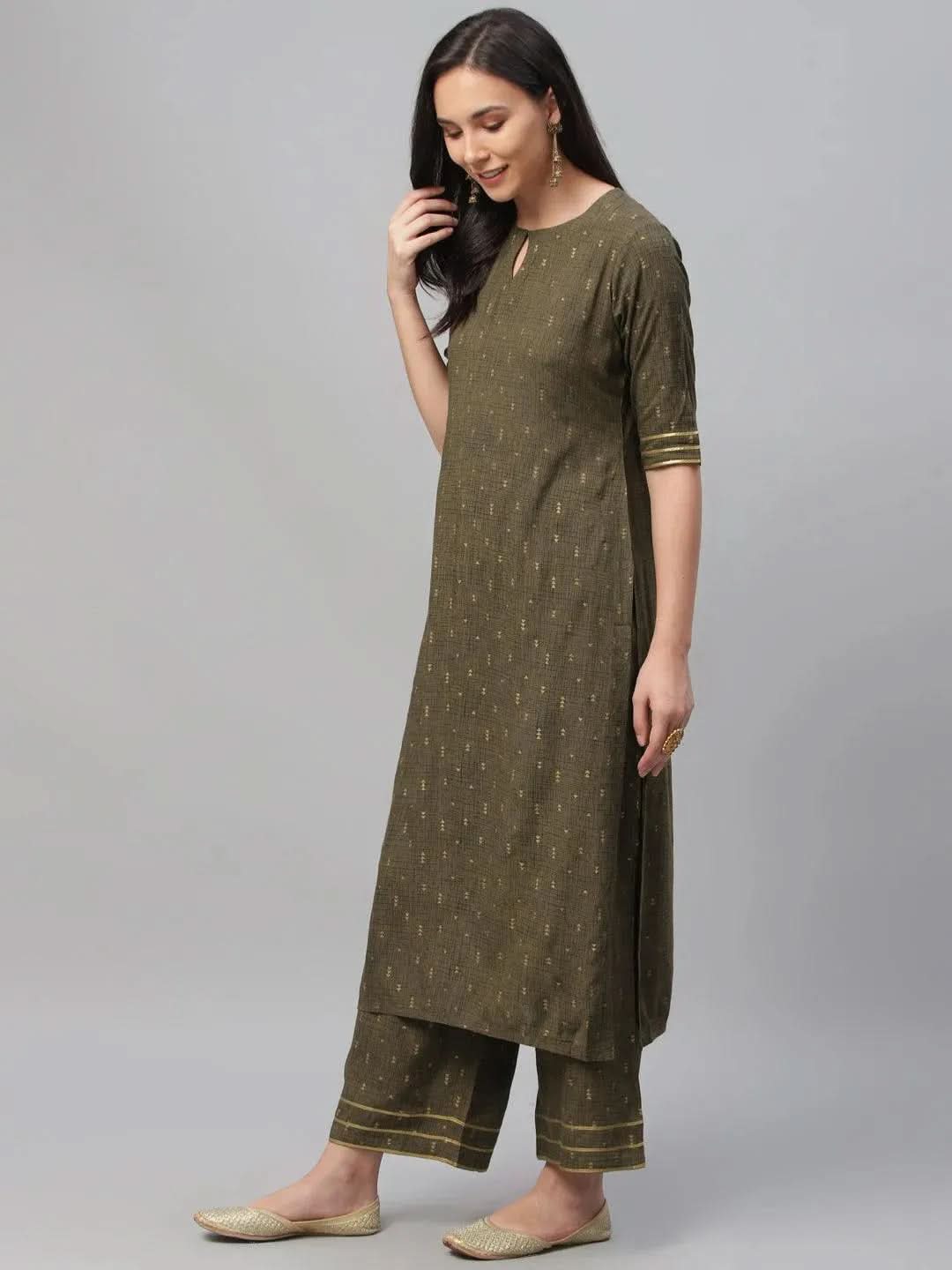 Olive Green Printed Rayon Suit Set - Libas