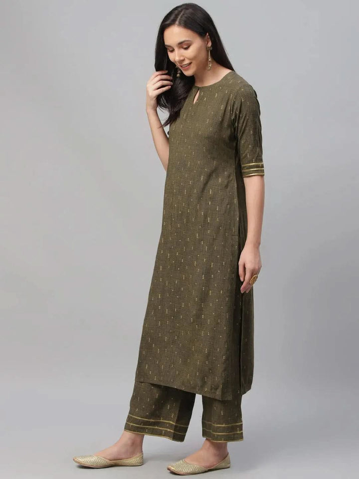 Olive Green Printed Rayon Suit Set - Libas