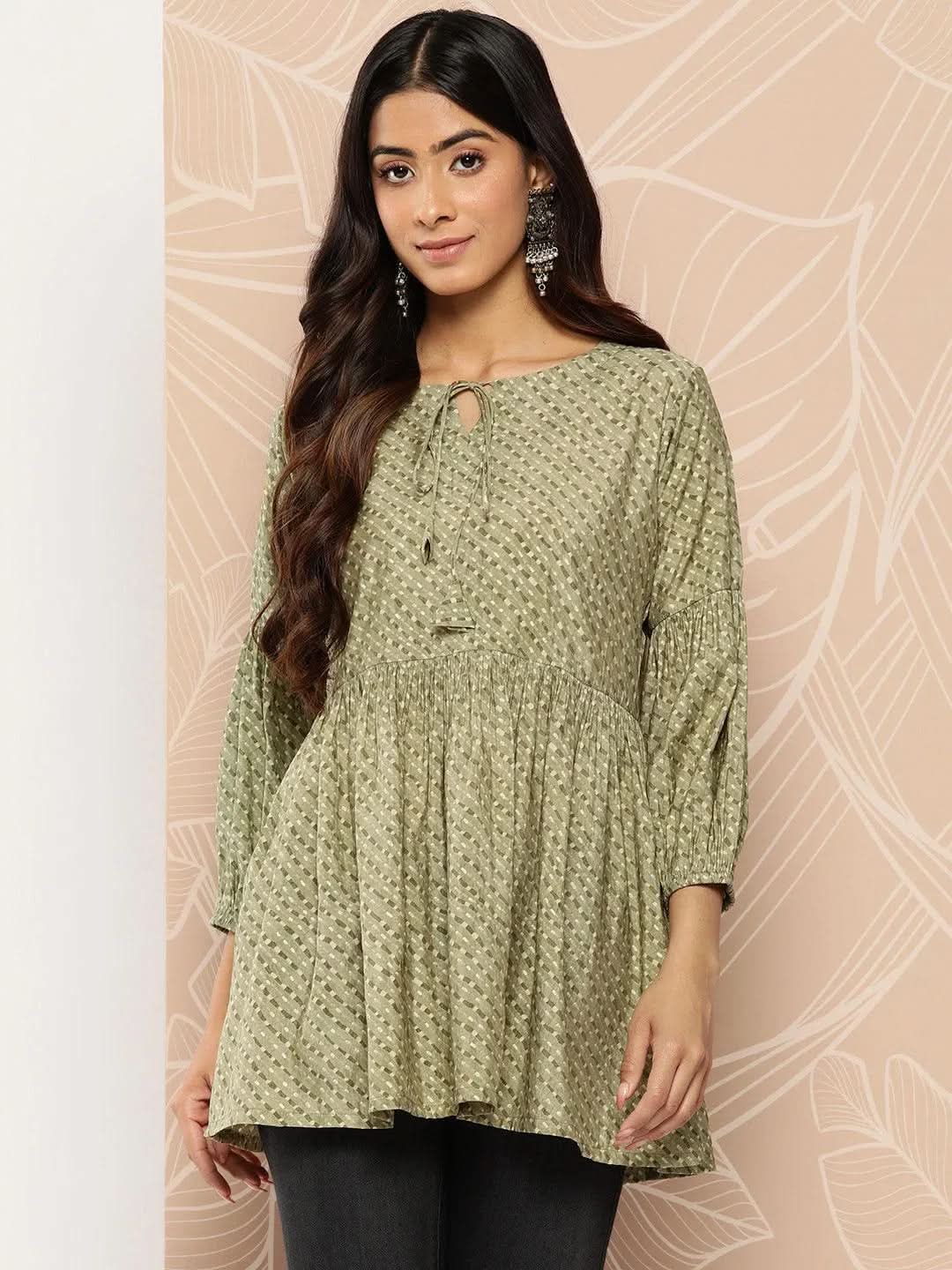 Olive Printed Silk Blend A-Line Kurti - Libas