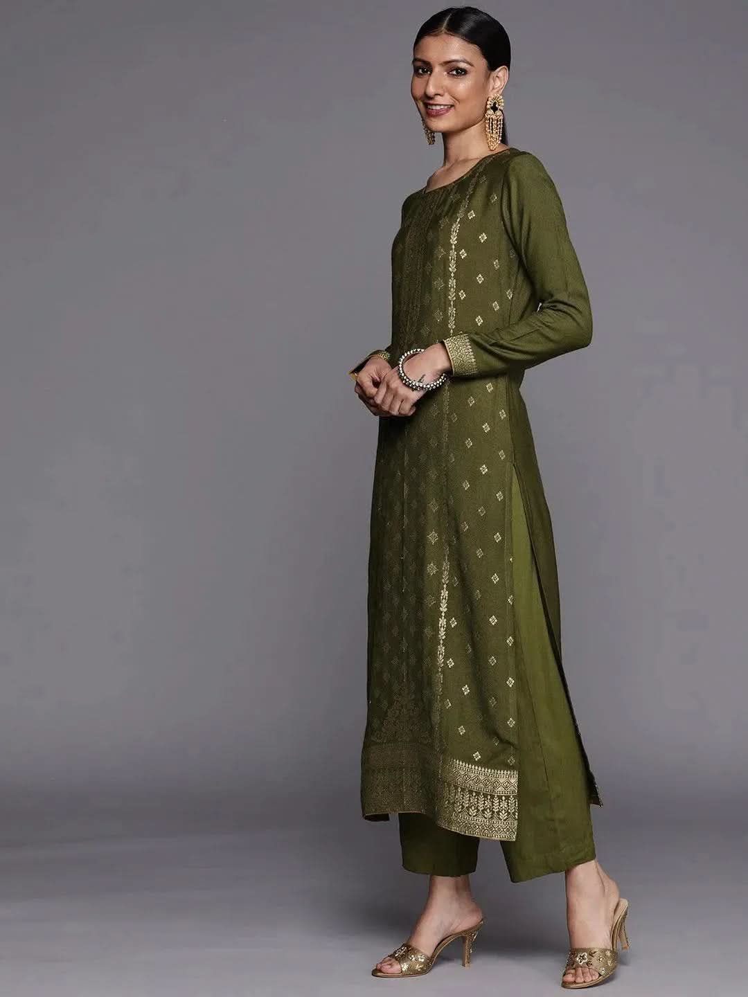 Olive Self Design Pashmina Wool Straight Suit Set - Libas