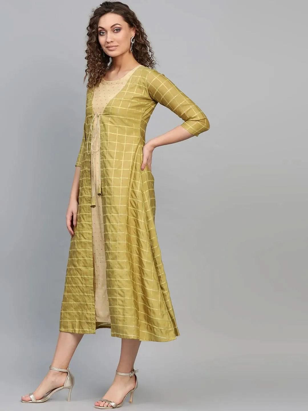 Olive Self Design Polyester Dress With Jacket - Libas