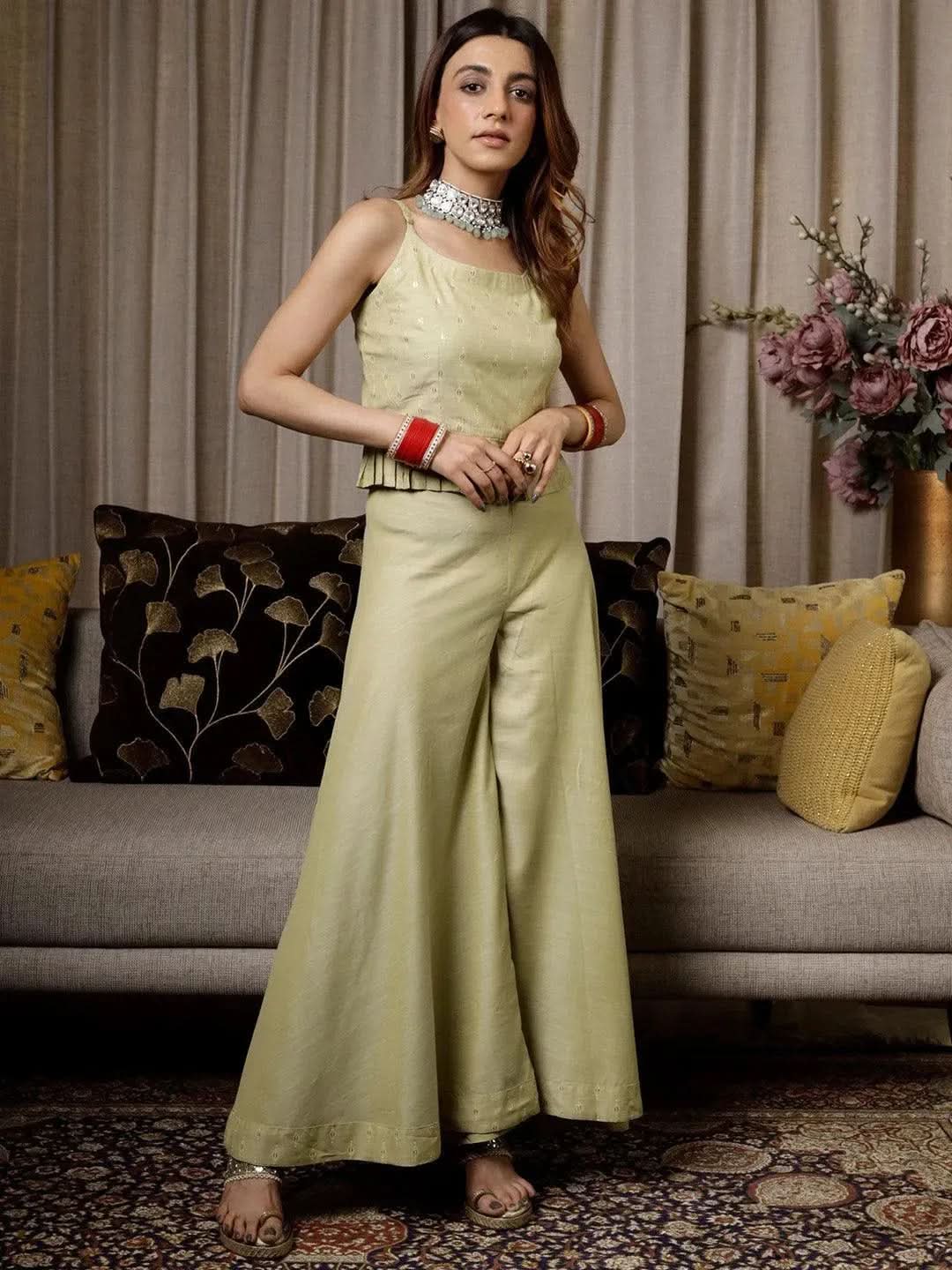 Olive Self Design Silk Blend Top With Palazzos
Olive Self Design Silk Blend Top With Palazzos