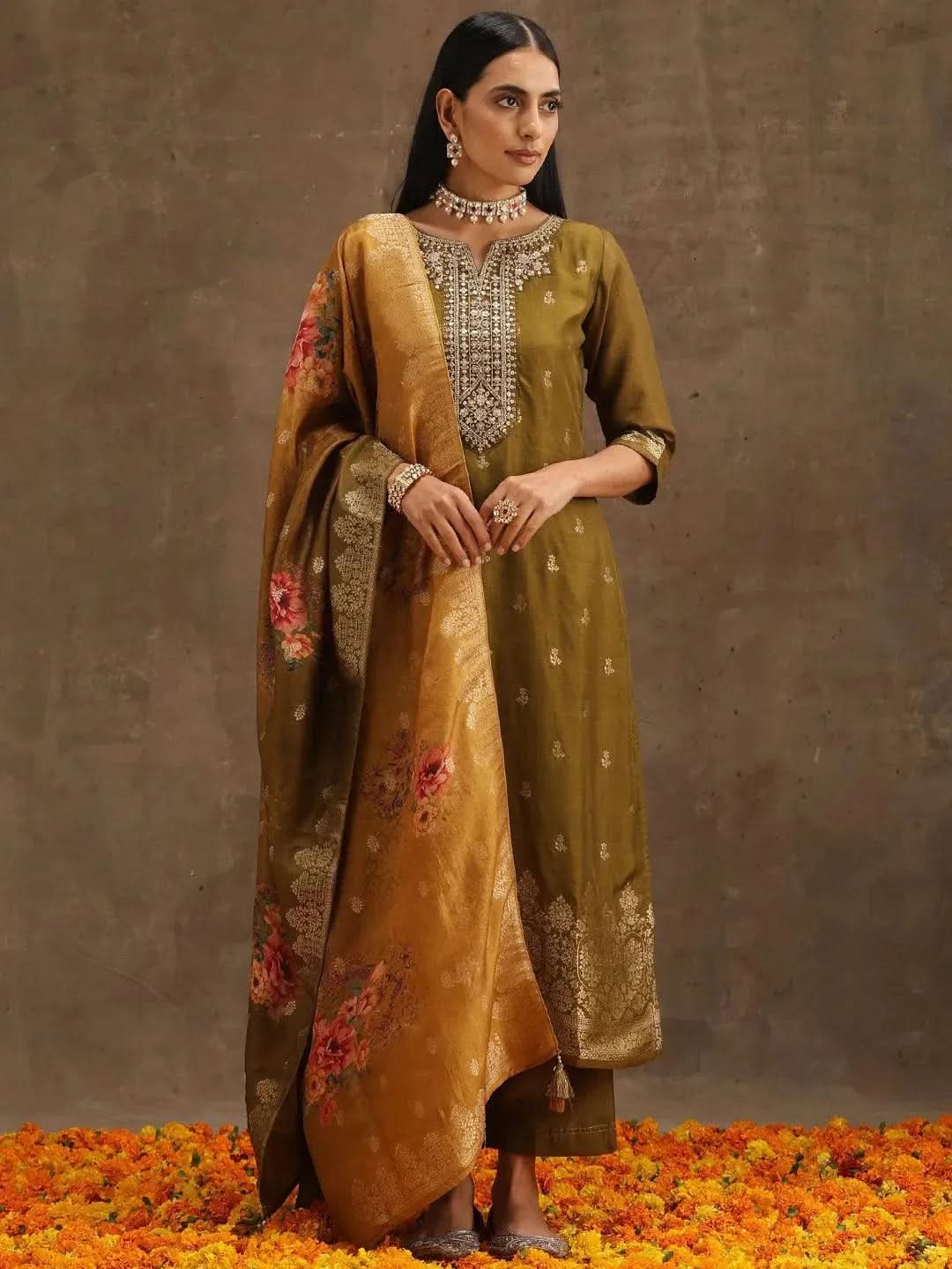 Olive Self Design Silk Suit Set With Trousers - Libas