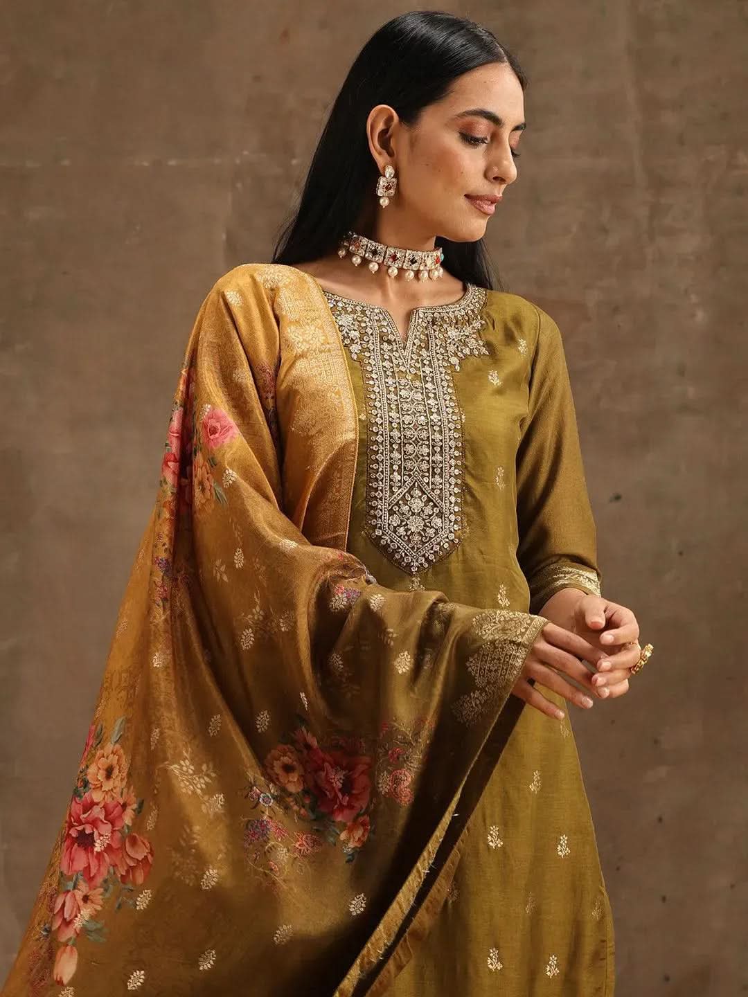 Olive Self Design Silk Straight Kurta With Trousers & Dupatta
Olive Self Design Silk Straight Kurta With Trousers & Dupatta