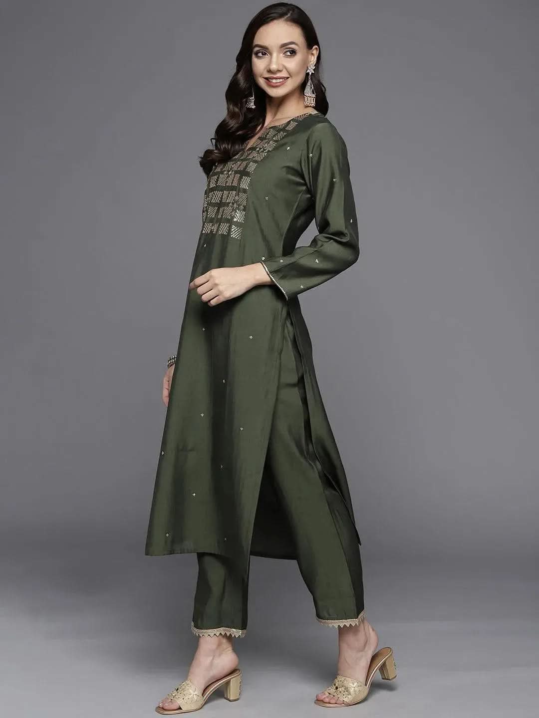Olive Yoke Design Chanderi Silk Straight Suit Set - Libas