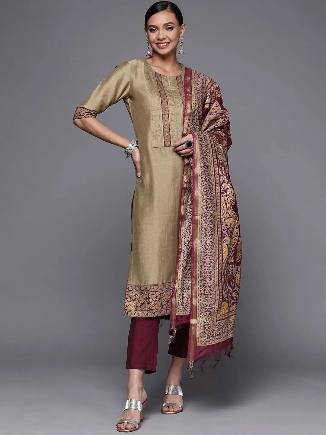 Olive Yoke Design Silk Blend Straight Kurta With Dupatta
Olive Yoke Design Silk Blend Straight Kurta With Dupatta