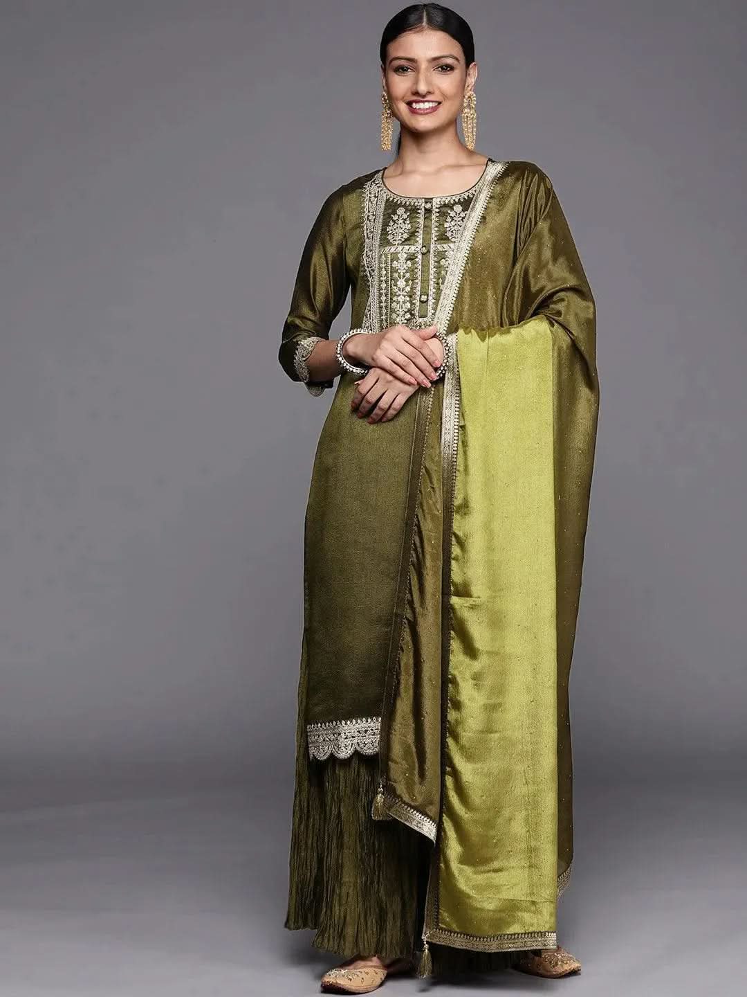 Olive Yoke Design Silk Blend Straight Sharara Suit Set With Dupatta
Olive Yoke Design Silk Blend Straight Sharara Suit Set With Dupatta