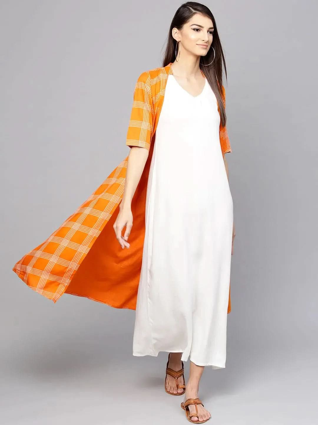 Orange Checkered Rayon Dress With Jacket - Libas
