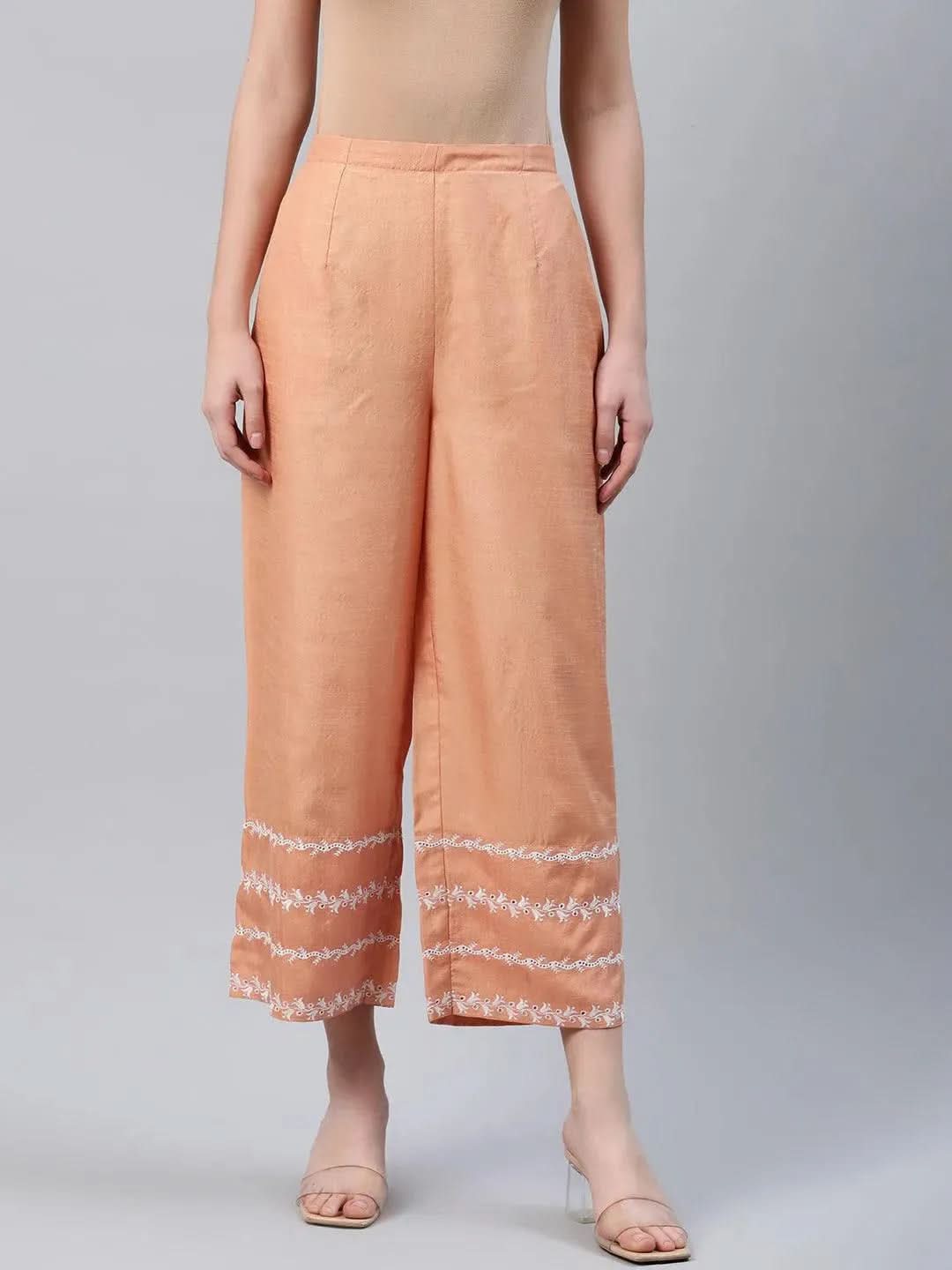 Orange Embroidered Silk Palazzos - Libas