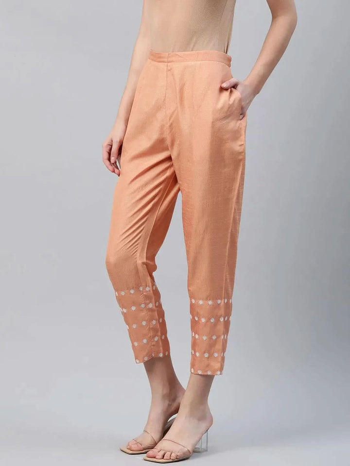 Orange Embroidered Silk Trousers - Libas