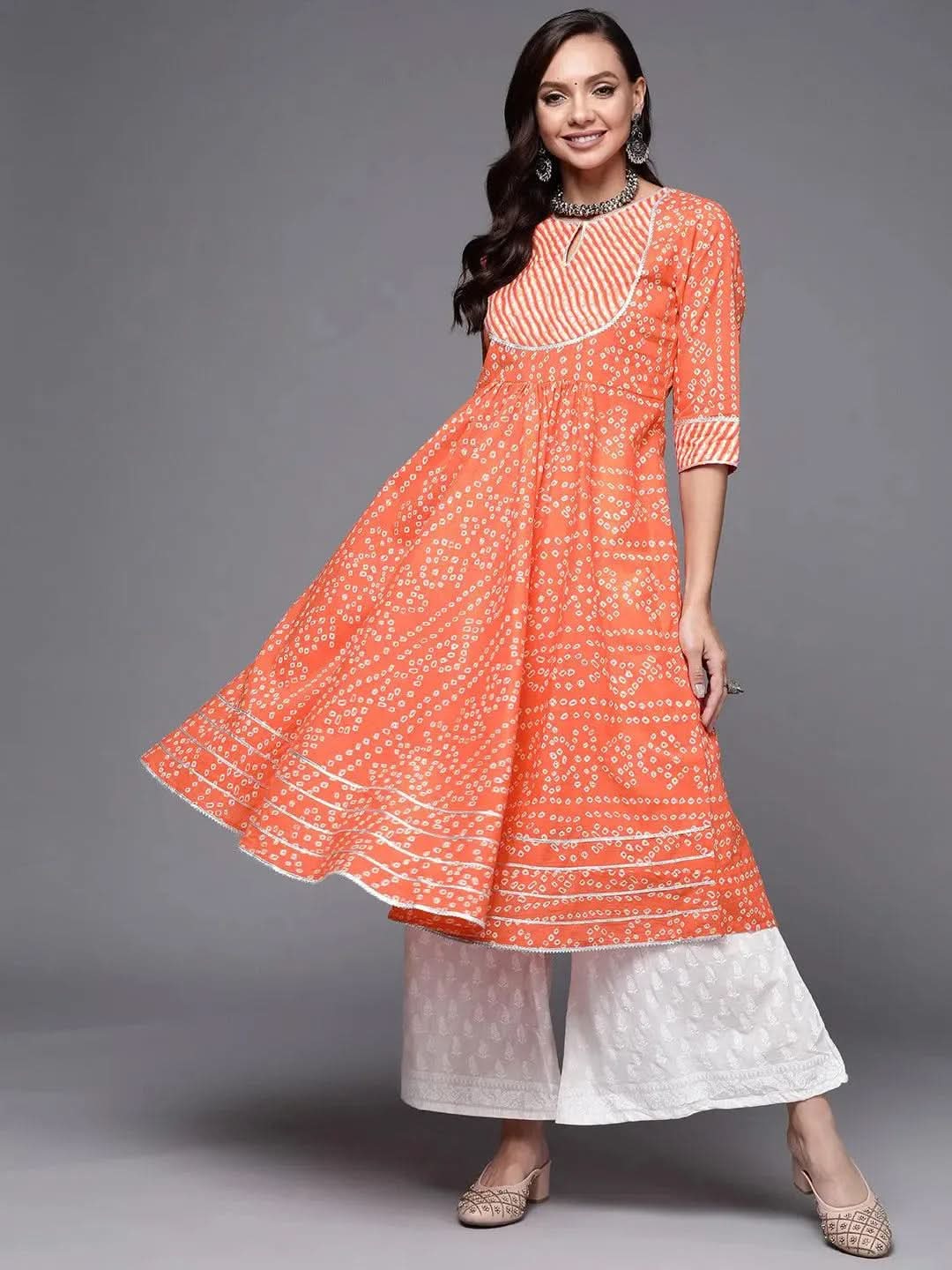 Orange Printed Cotton Anarkali Kurta - Libas