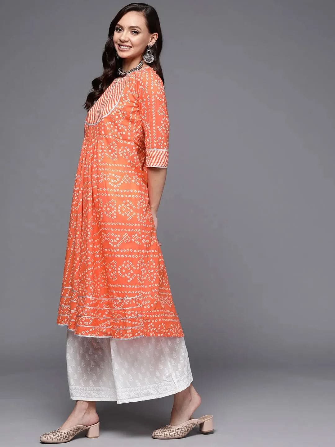 Orange Printed Cotton Anarkali Kurta - Libas