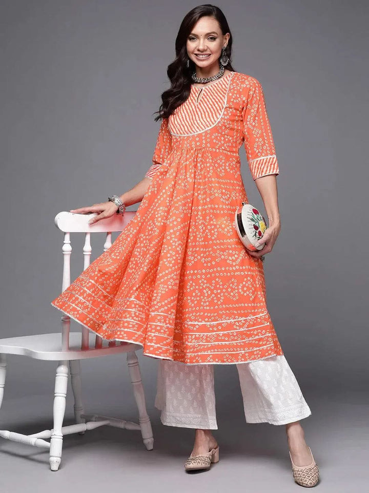 Orange Printed Cotton Anarkali Kurta - Libas