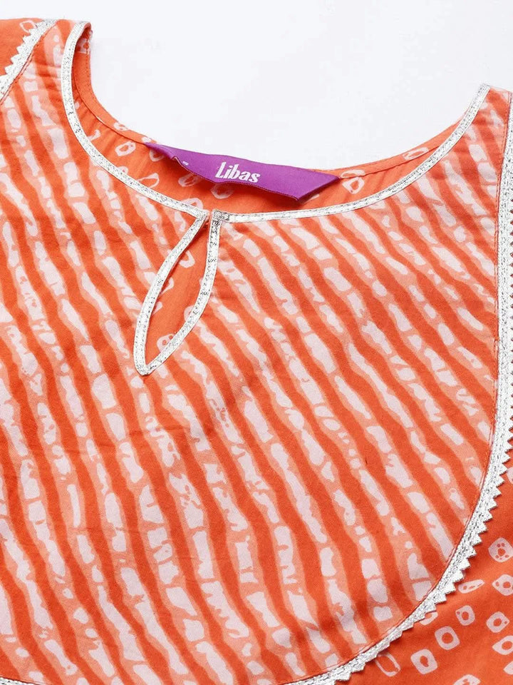 Orange Printed Cotton Anarkali Kurta - Libas