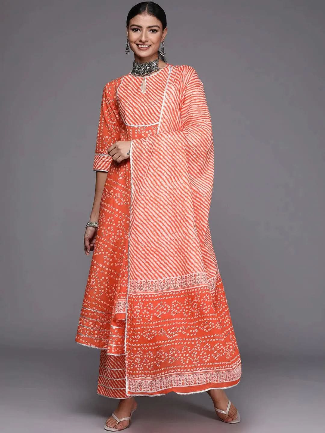 Orange Printed Cotton Anarkali Suit Set - Libas