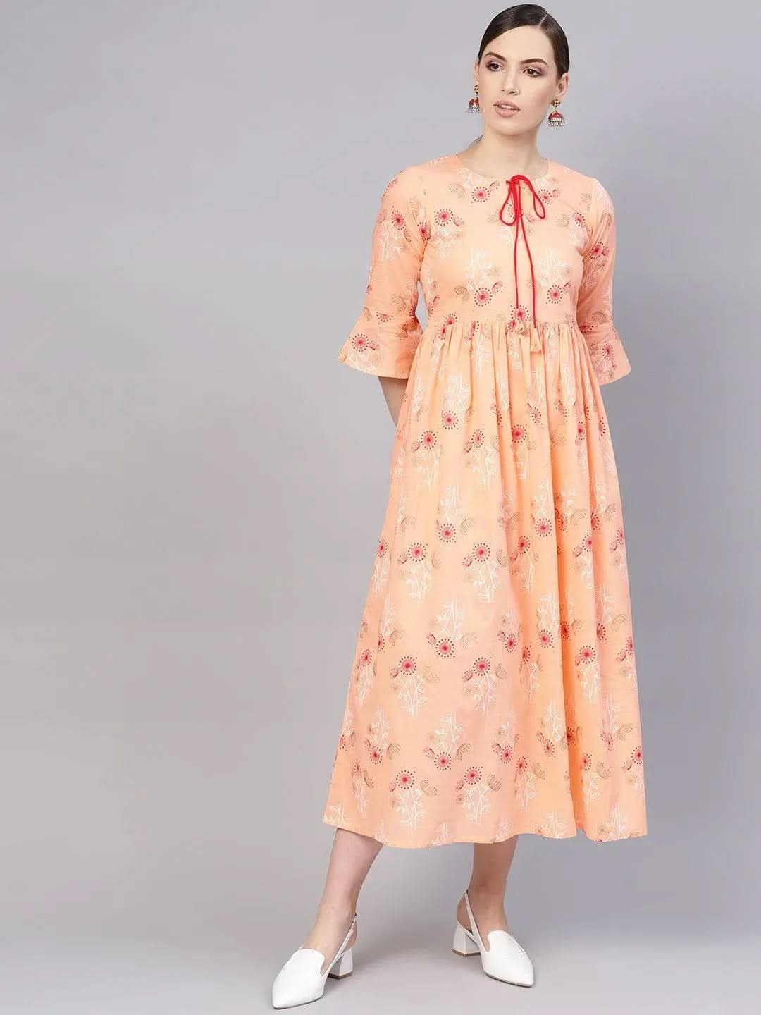 Orange Printed Cotton Dress - Libas