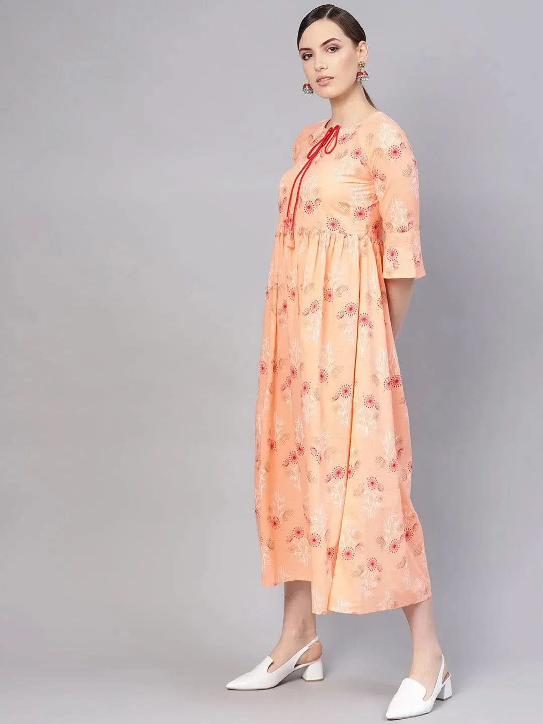 Orange Printed Cotton Dress - Libas