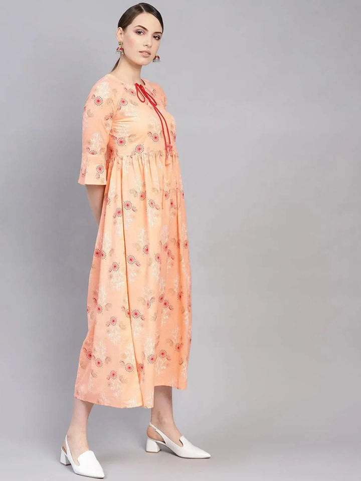 Orange Printed Cotton Dress - Libas