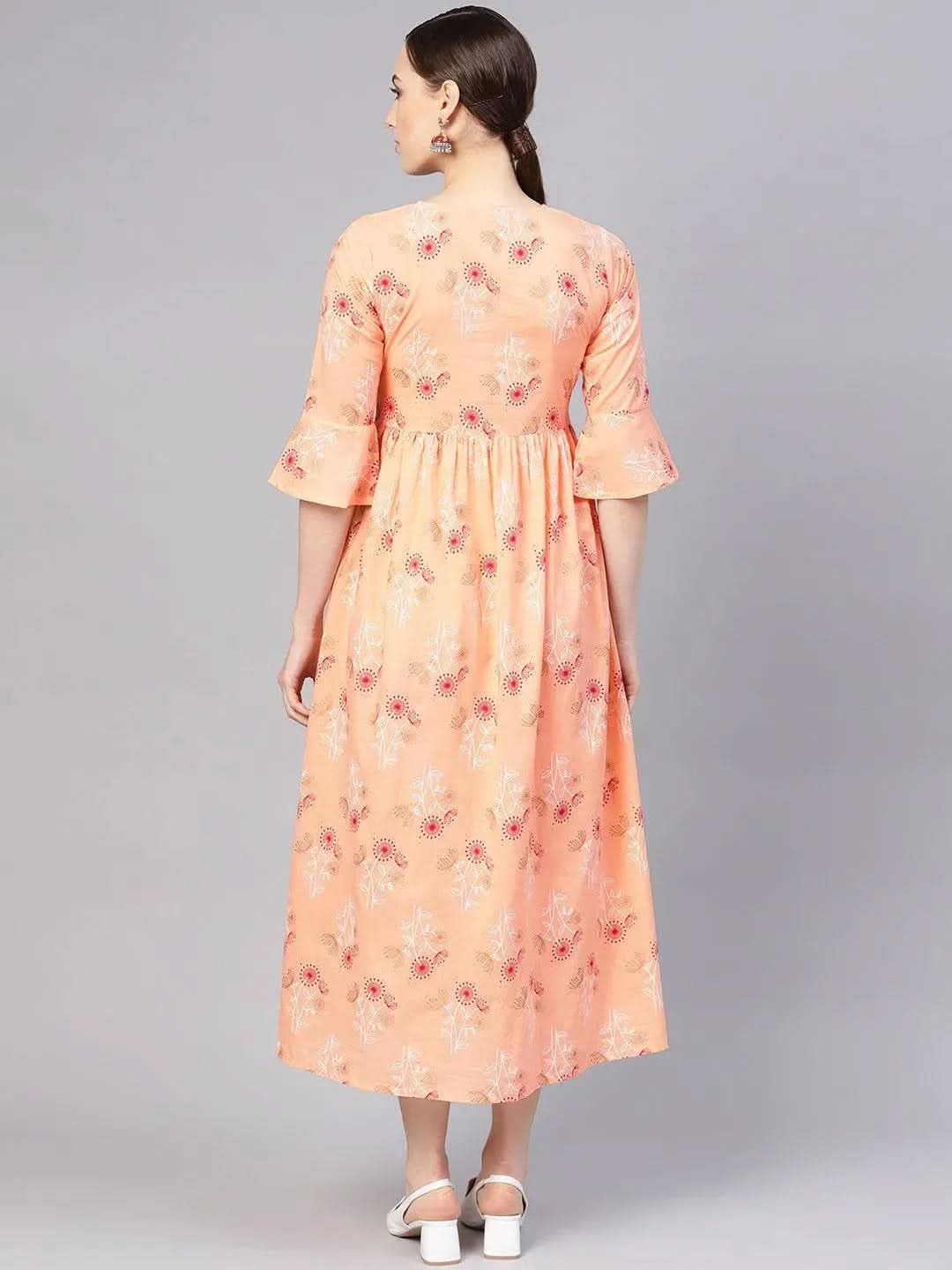 Orange Printed Cotton Dress - Libas